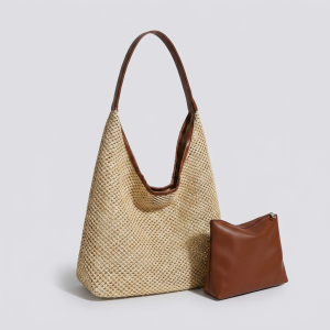 Astraea Boho Hobo Bag - Woven Straw & PU Leather